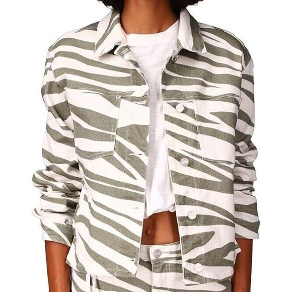 Sanctuary Women’s XL Jean Jacket NWT Button Down Zebra Print White Gray Stretch - Picture 1 of 9